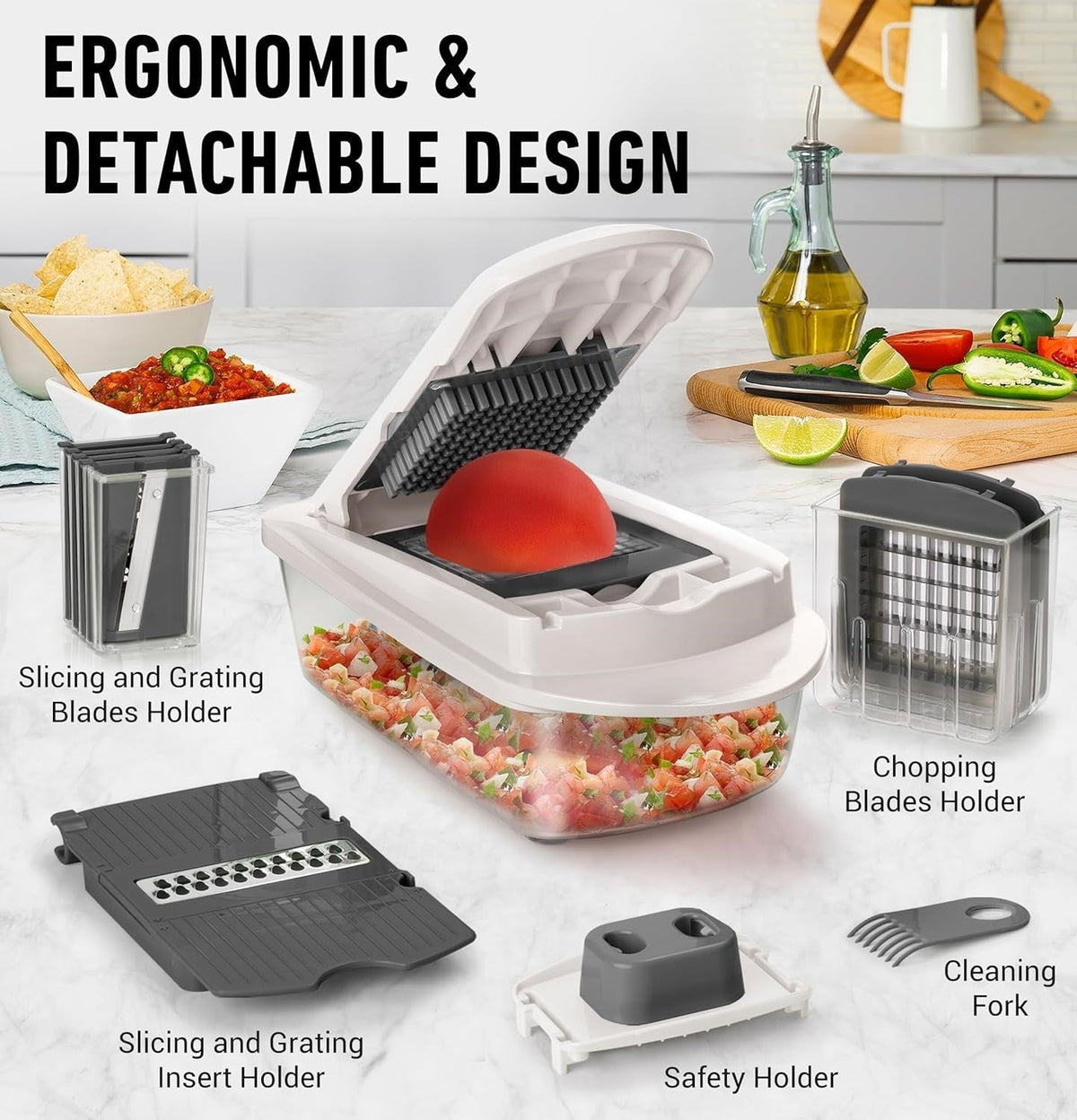 Vegetable chopper shown with detached lid, holders, and cleaning fork