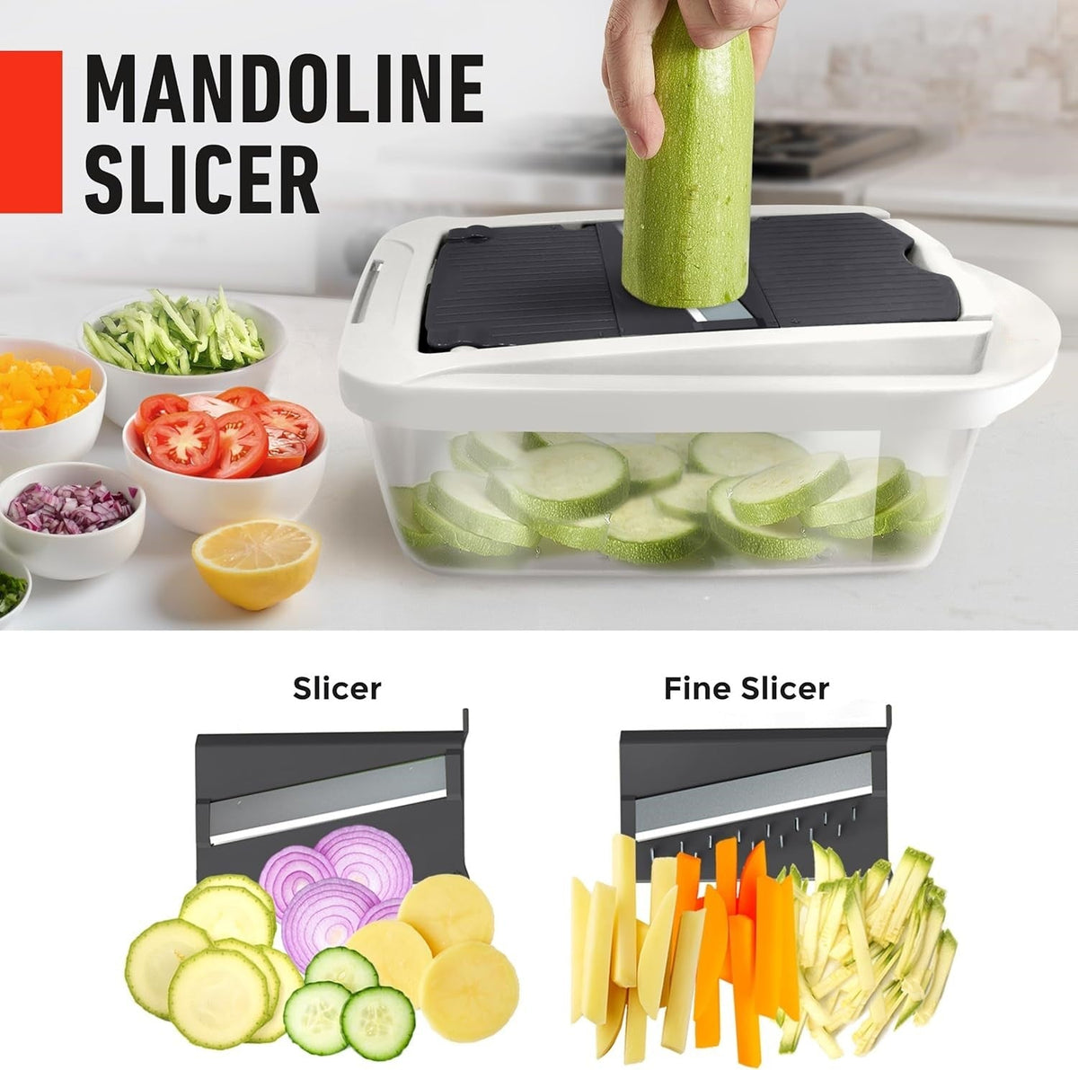 Slicing inserts demonstrated with cucumber and julienne cuts