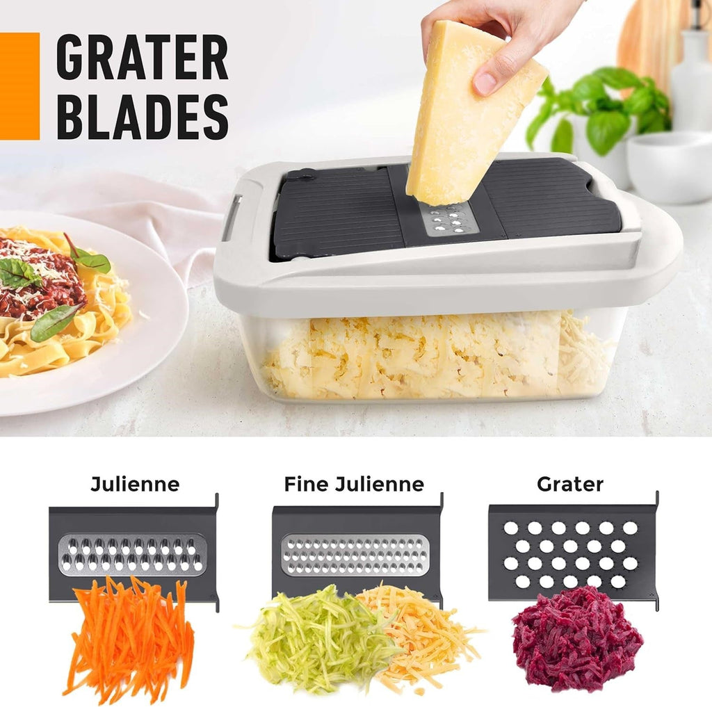 Grating inserts shown producing coarse and fine vegetable shreds