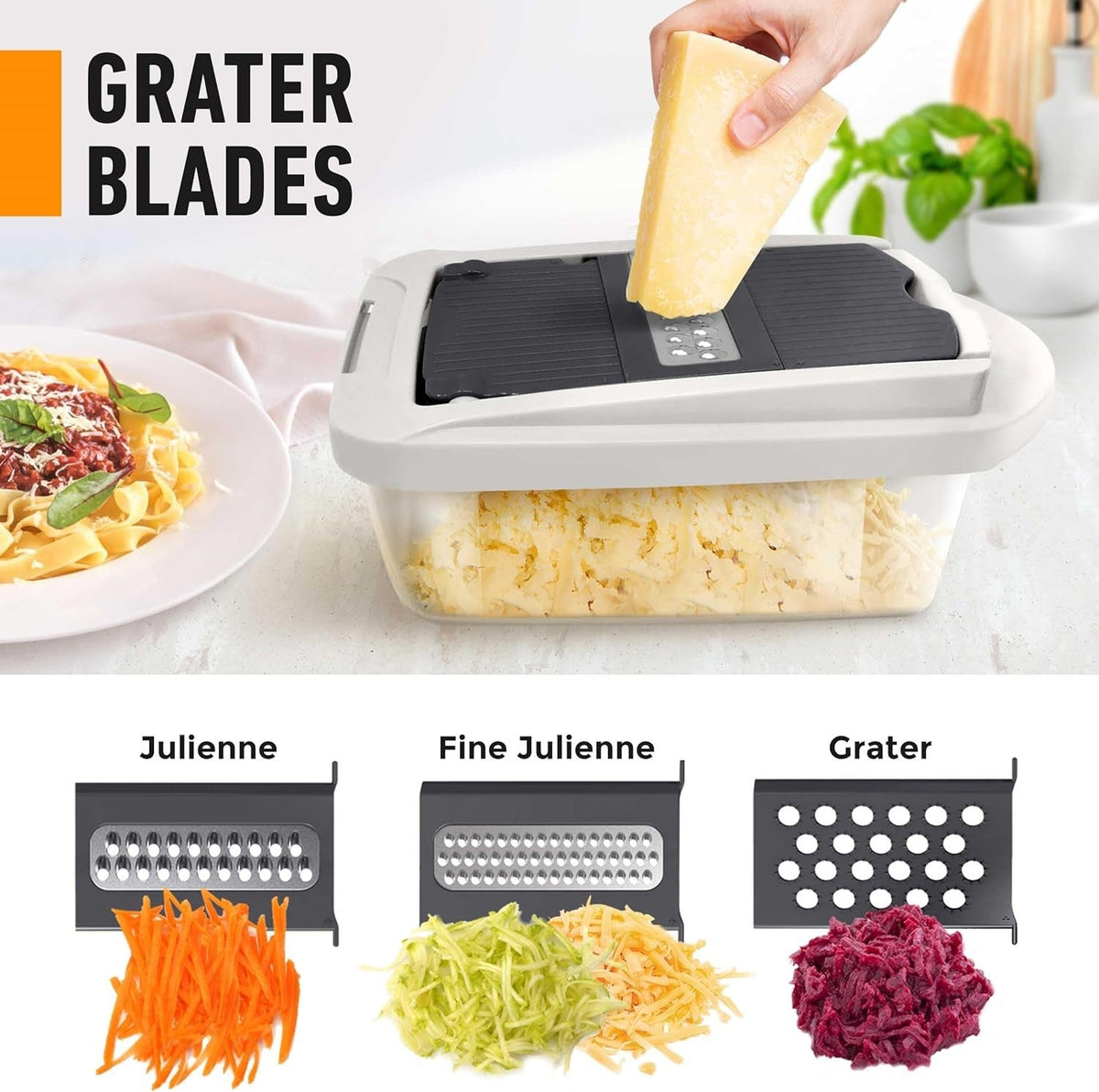 Grating inserts shown producing coarse and fine vegetable shreds