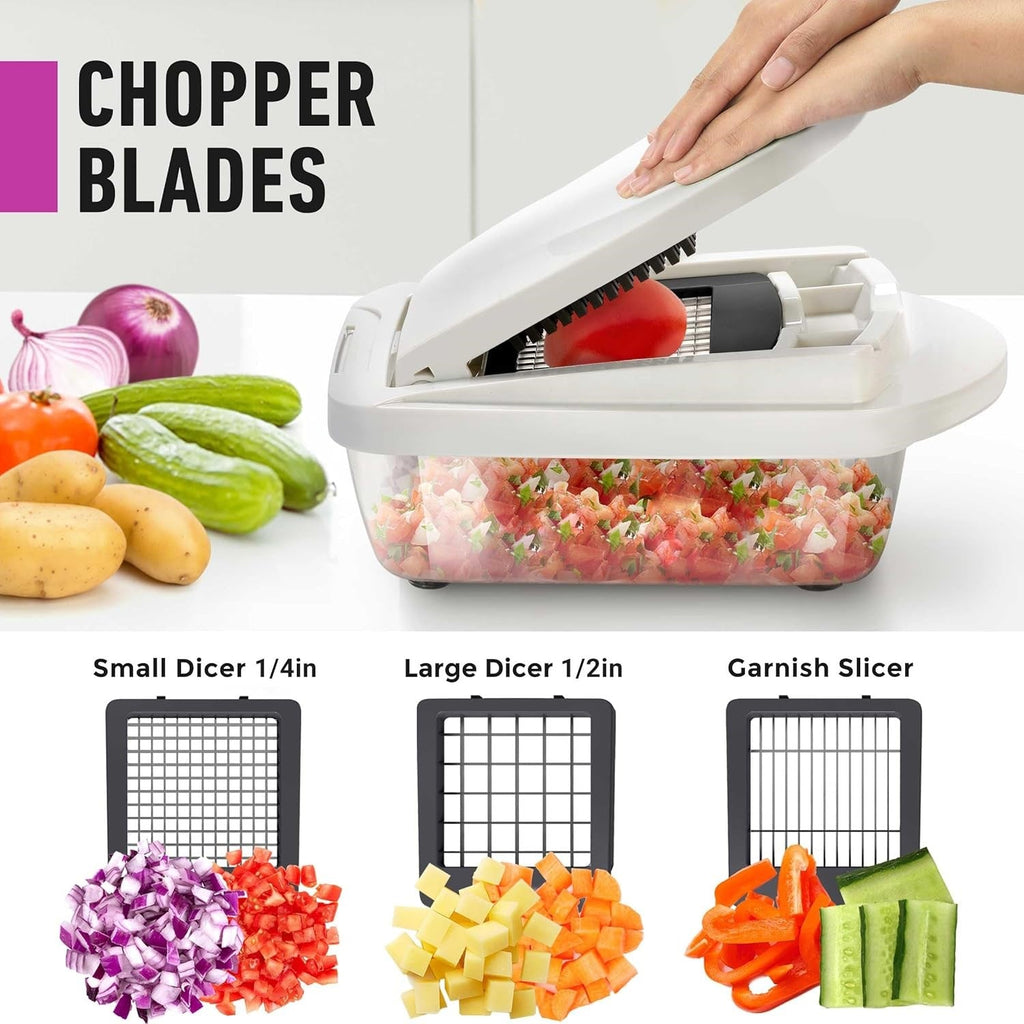 Chopping grid inserts shown with diced onion, tomato, and potato