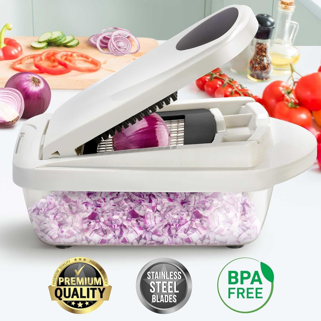 Gray vegetable chopper used to press a tomato through a cutting grid