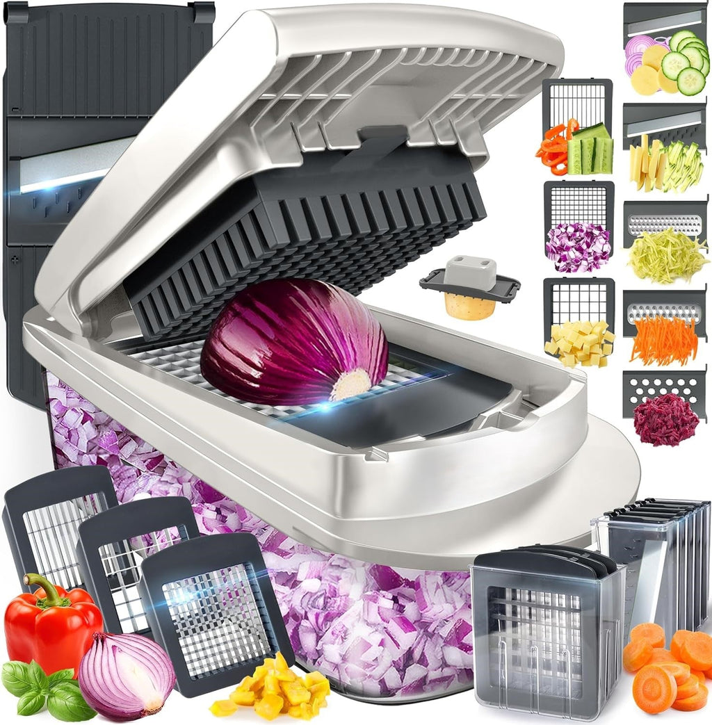 Gray vegetable chopper with container and interchangeable cutting inserts