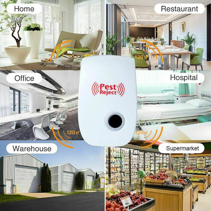 White pest repeller centered in a collage of indoor locations