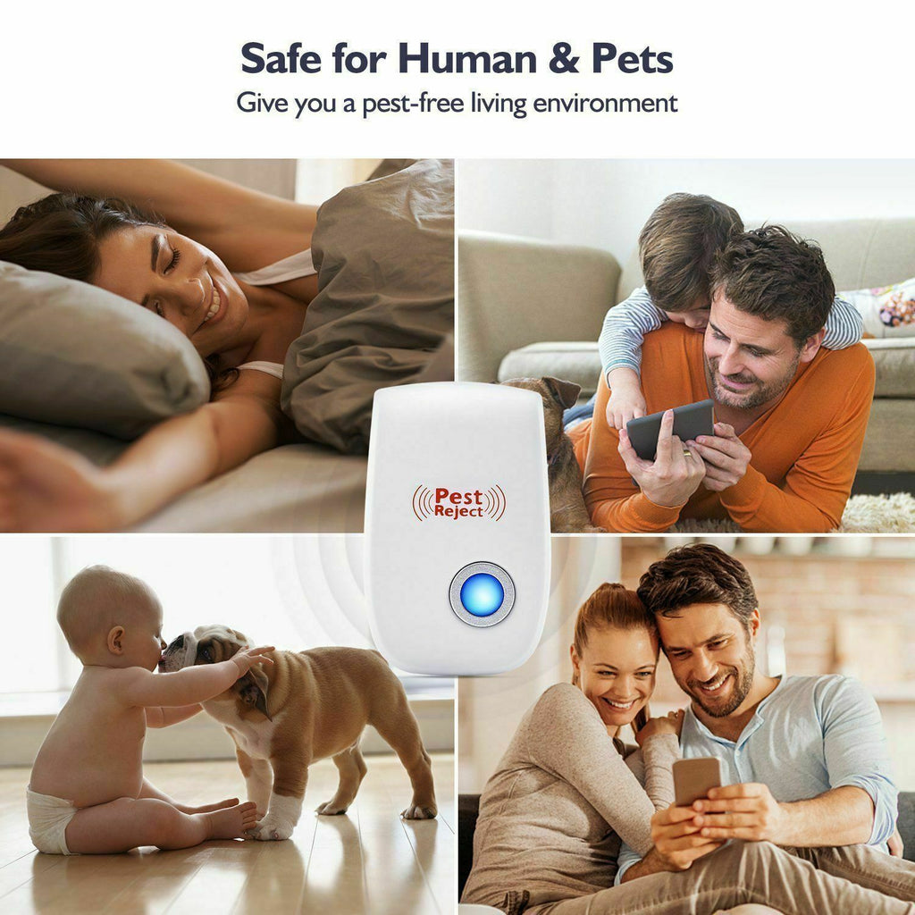 Pest repeller shown in a collage with people and pets