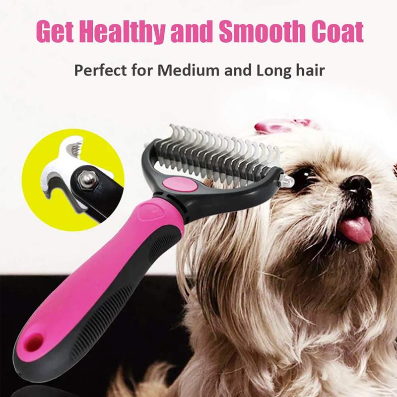 Pink double-sided pet grooming rake beside a long-haired dog