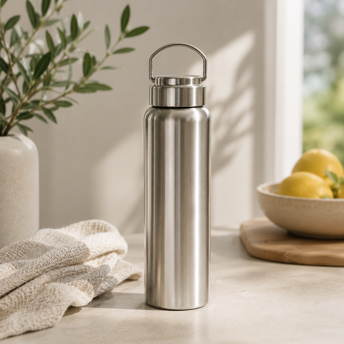 Stainless steel insulated bottle on a kitchen counter near lemons