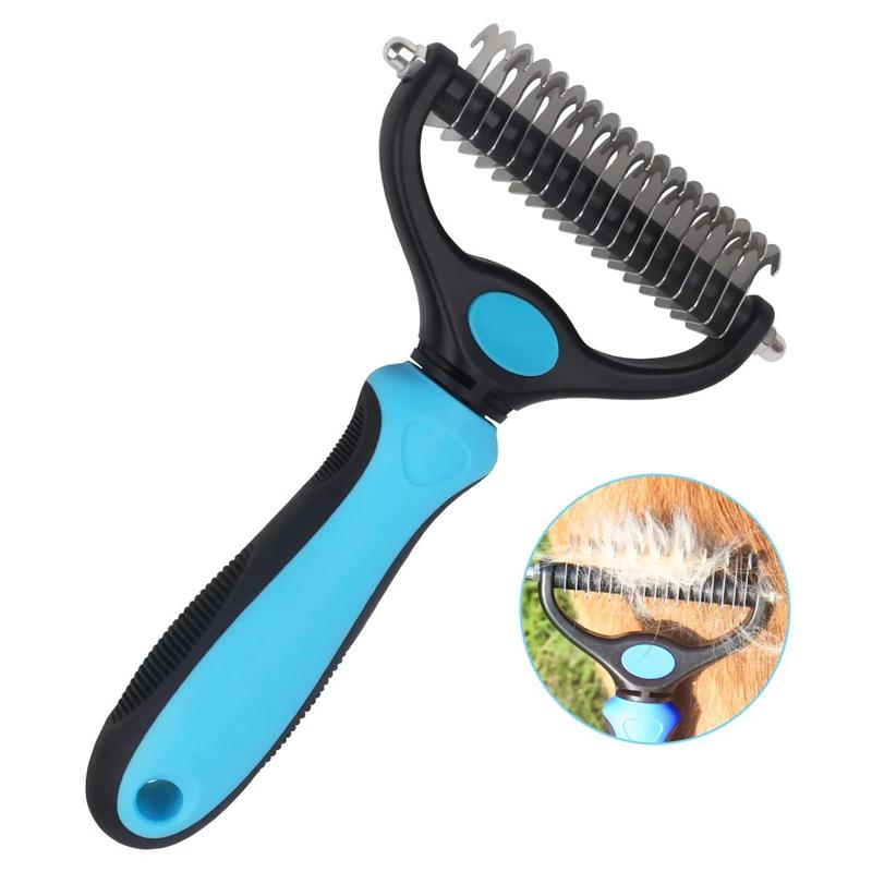 Blue and black double-sided pet grooming rake with a close-up inset of its teeth