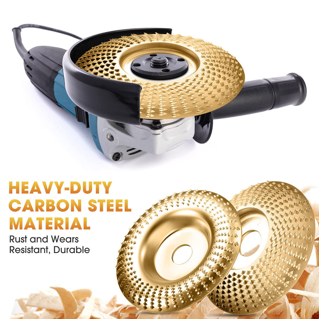 Wood-shaping disc mounted on an angle grinder with a material information graphic