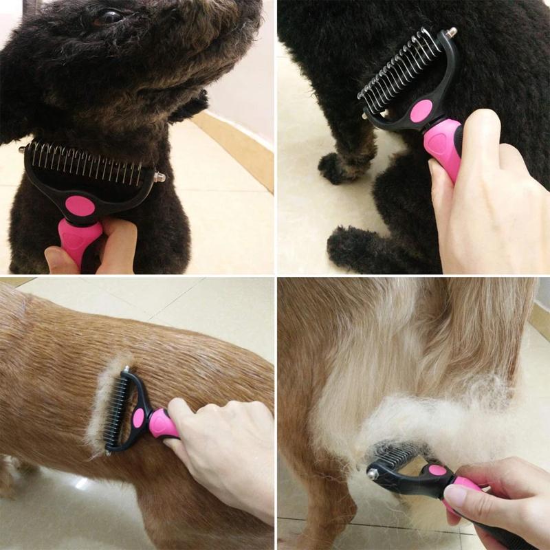 Four examples of a pink grooming rake used on dogs with different coats