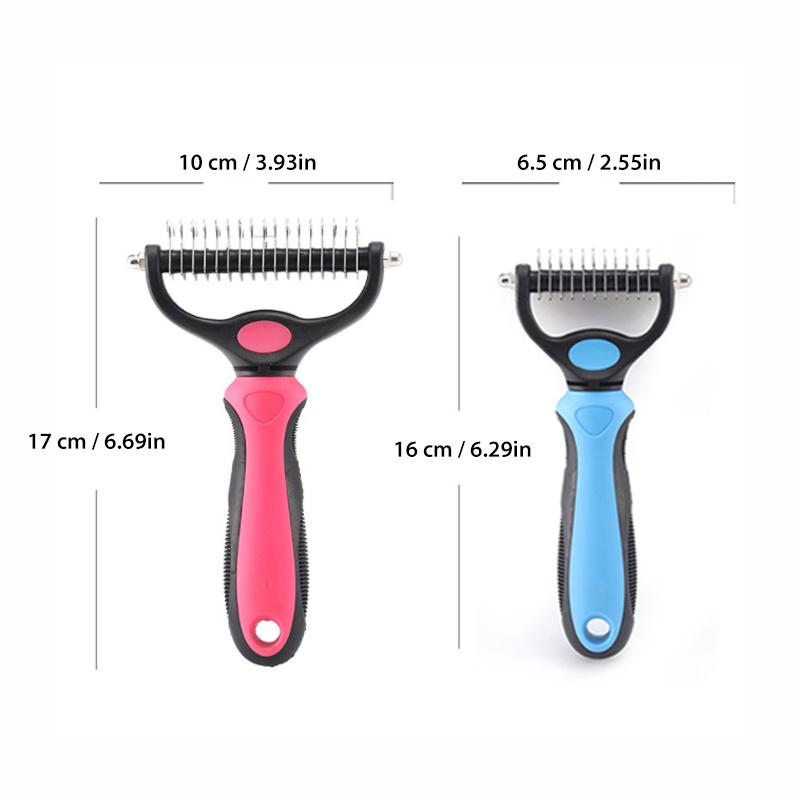 Size chart showing large 17 by 10 cm and small 16 by 6.5 cm grooming rakes