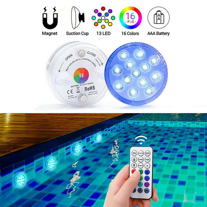 Round LED accent lights with feature icons and a remote-control example