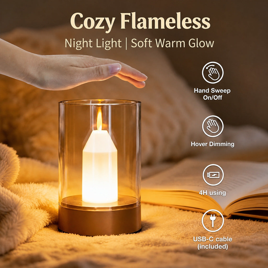 Flameless Candle Lamp, Rechargeable Cordless LED Night Light with Hand-Wave Sensor, Hover Dimming, Flickering Flame & Glass Shade