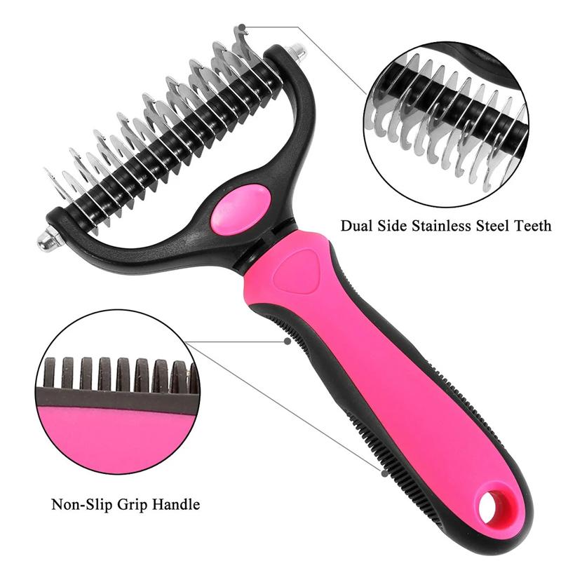 Pink grooming rake with close-up insets of both sides of the teeth and grip