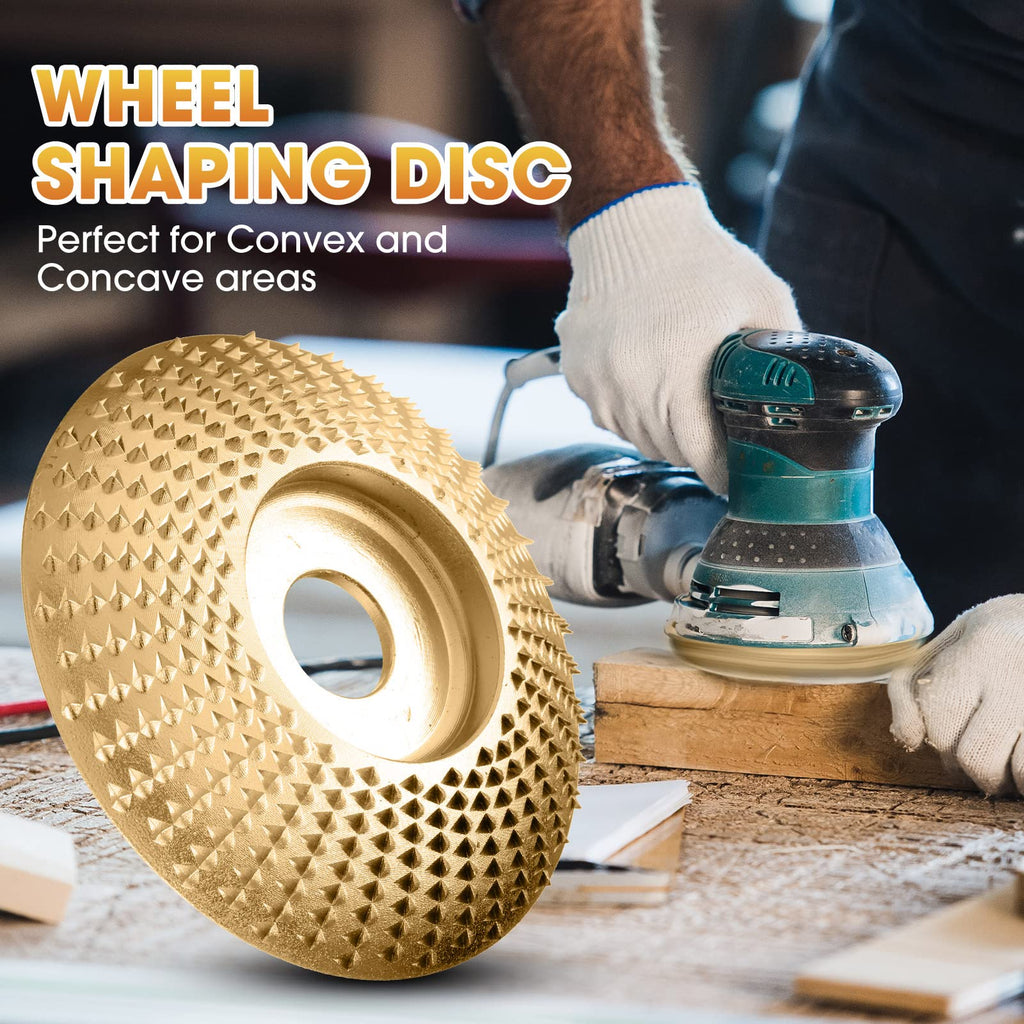 Wood-shaping disc beside a demonstration of sanding a wooden surface