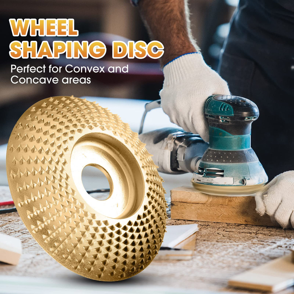 Wood-shaping disc beside a demonstration of sanding a wooden surface
