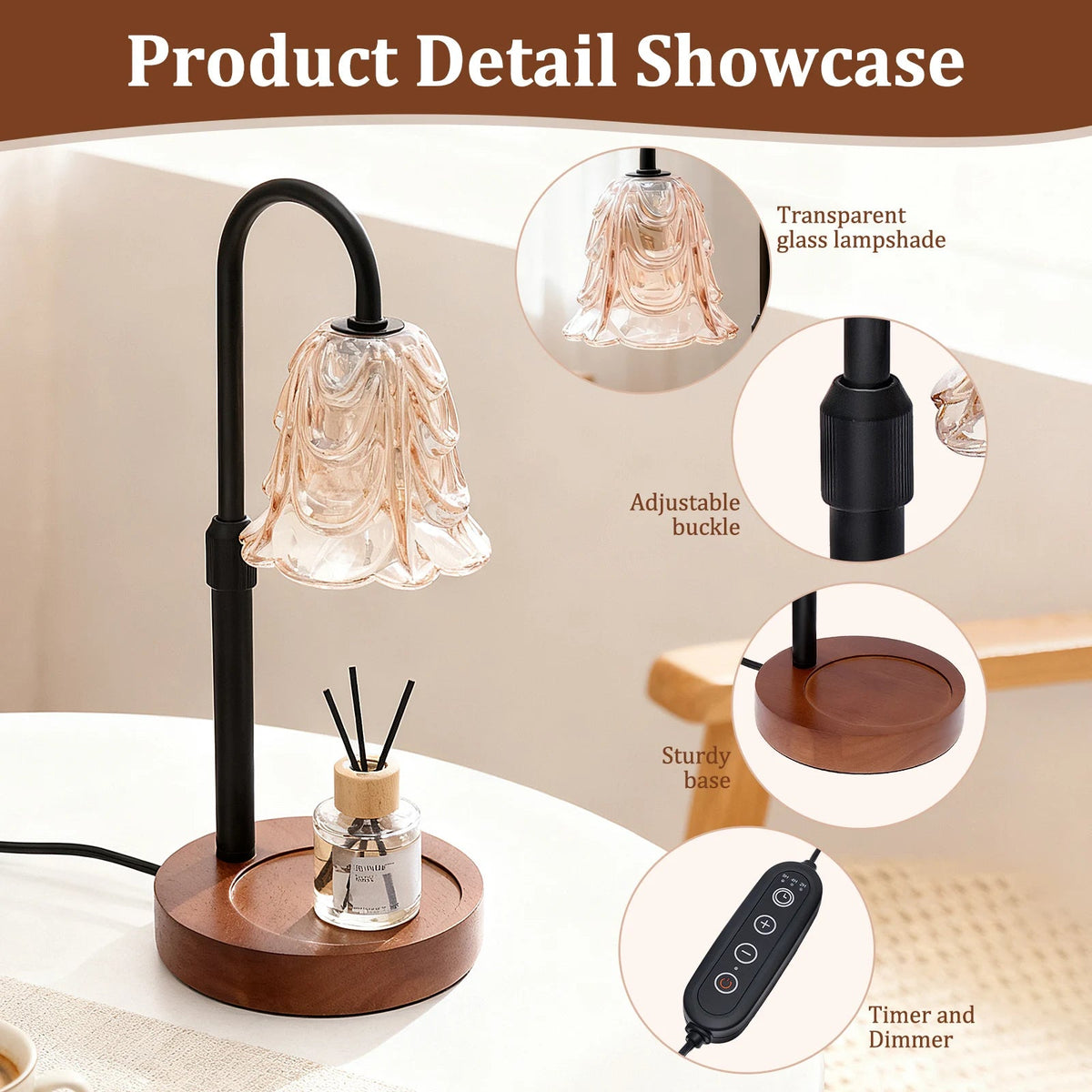 Flower candle warmer details showing glass shade, adjustable pole, and controls