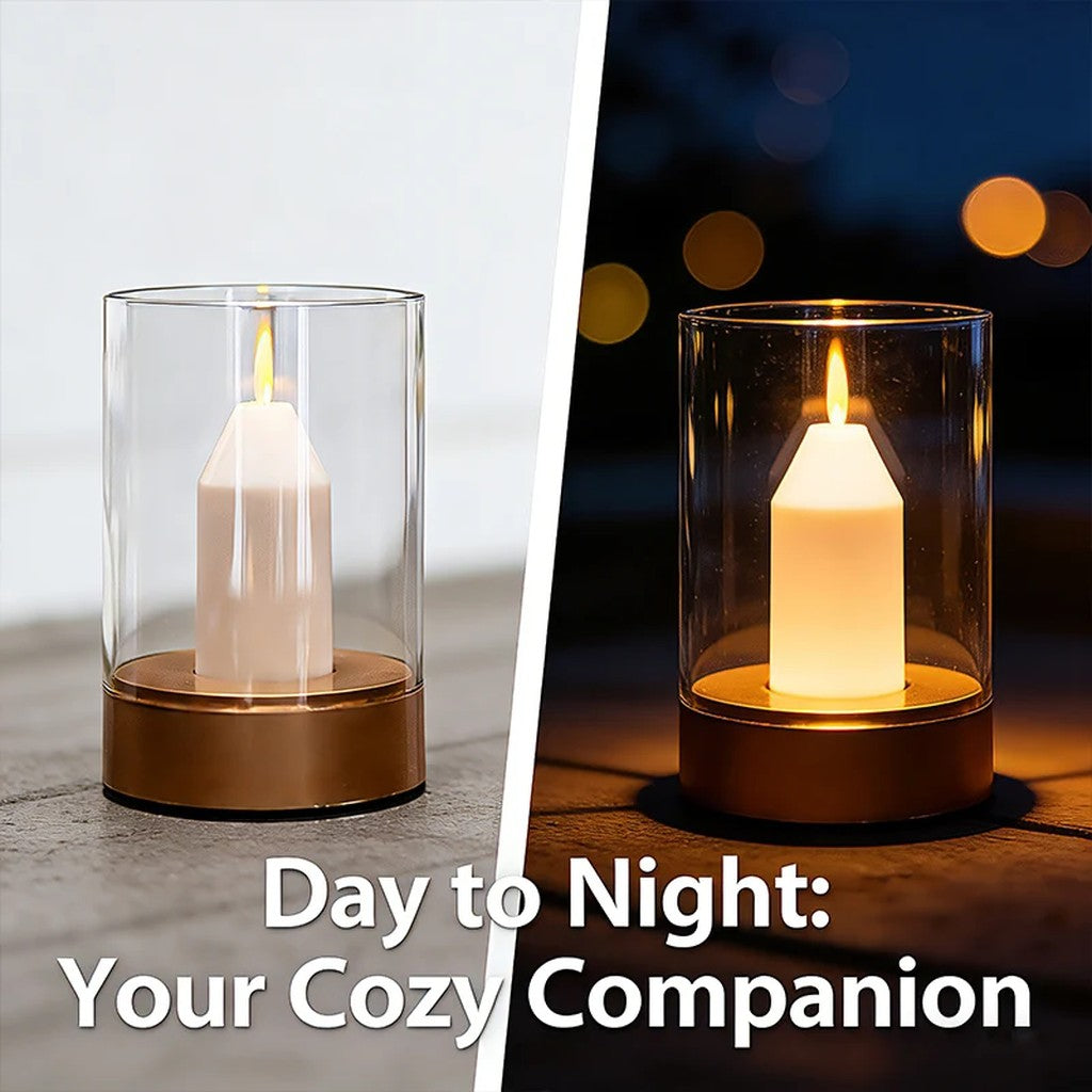 Flameless Candle Lamp, Rechargeable Cordless LED Night Light with Hand-Wave Sensor, Hover Dimming, Flickering Flame & Glass Shade