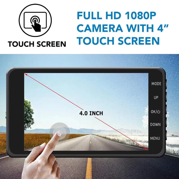 Dash camera display shown with a road scene and screen-size labels