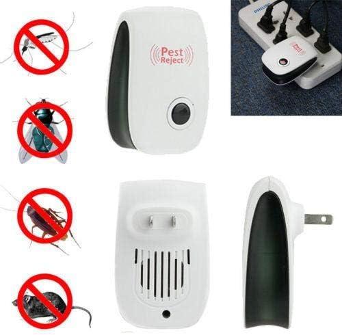 Pest repeller collage showing the front, back, plug, and an outlet