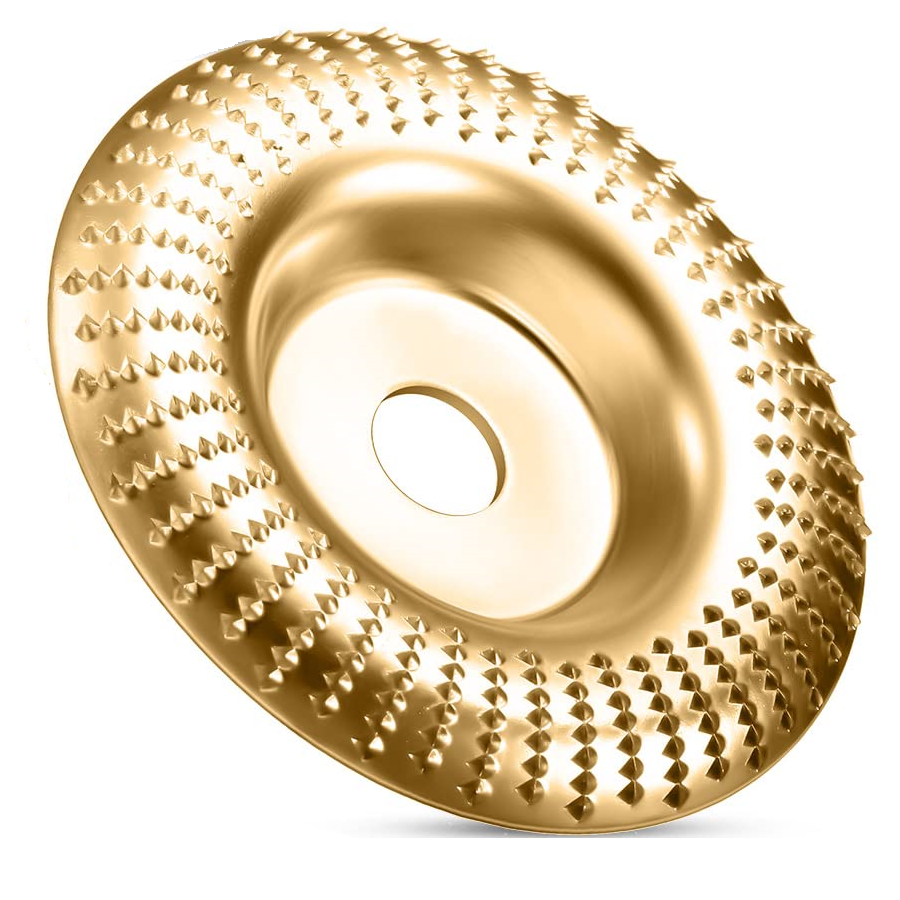Close-up of a rounded arc-profile gold-colored wood-shaping disc