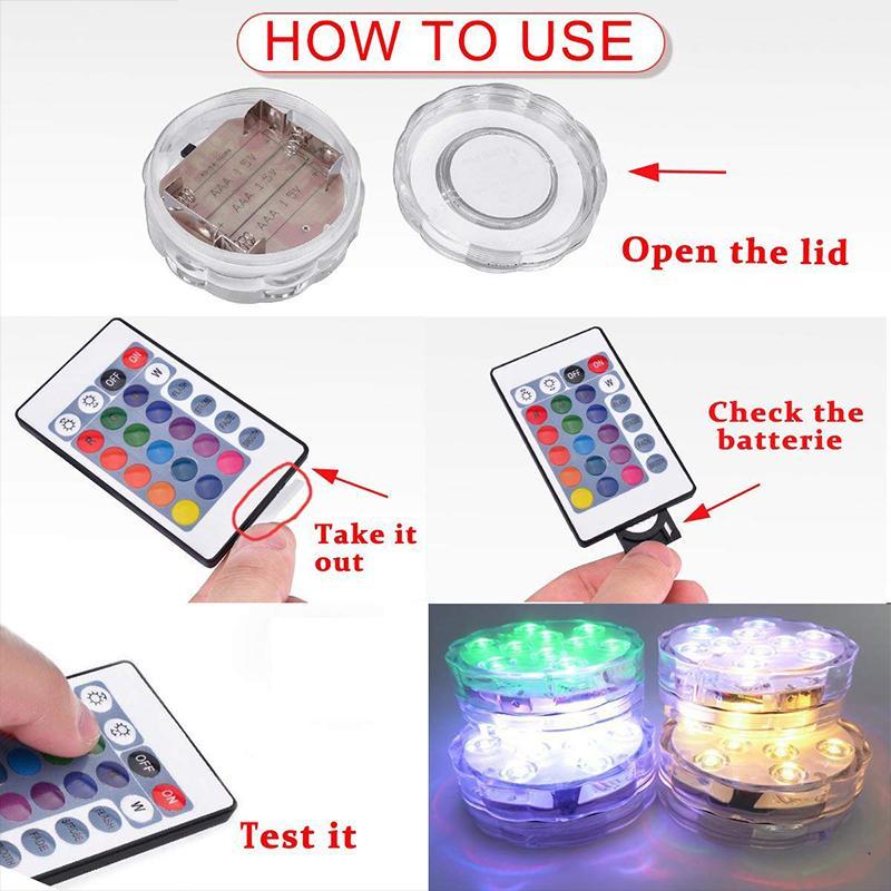 Illustrated setup steps showing an LED light battery compartment and remote