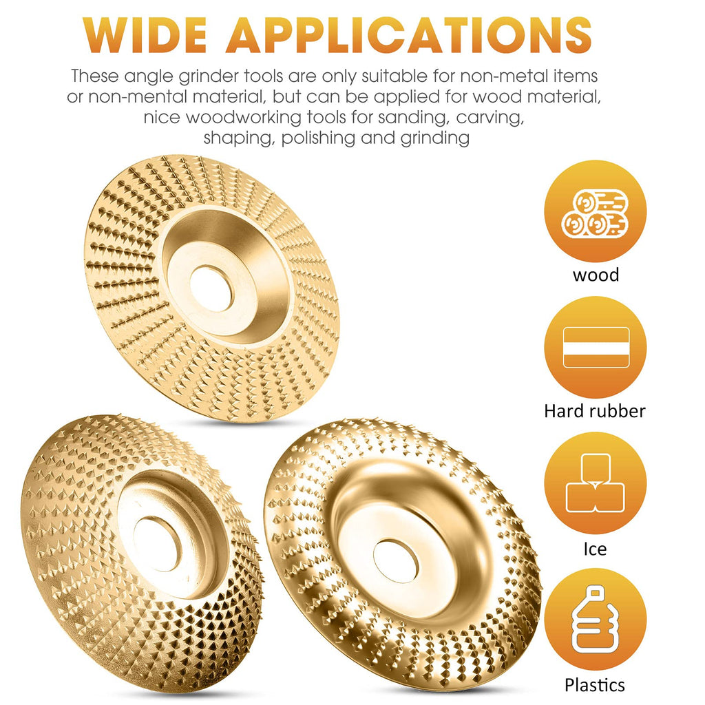 Three gold-colored grinding discs with illustrated application categories