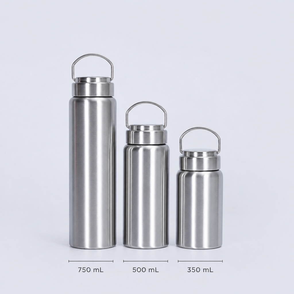 Three stainless steel water bottles labeled 750 mL, 500 mL, and 350 mL