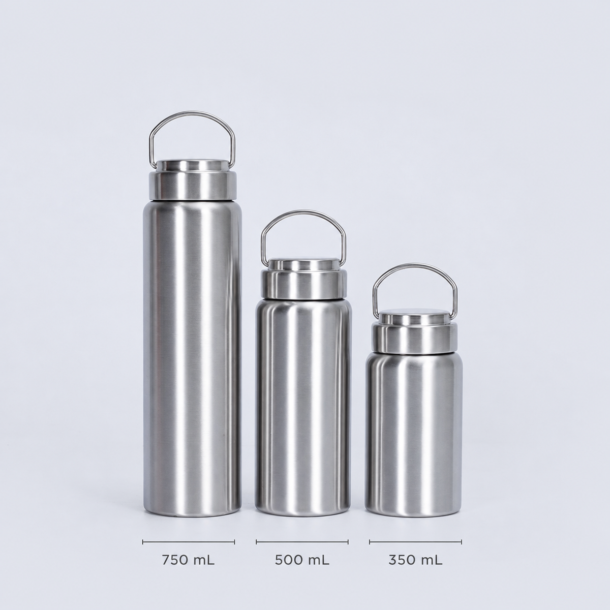 Three stainless steel water bottles labeled 750 mL, 500 mL, and 350 mL