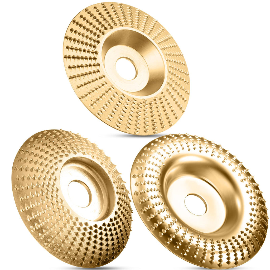 Flat, bevel, and arc-profile gold-colored wood-shaping discs