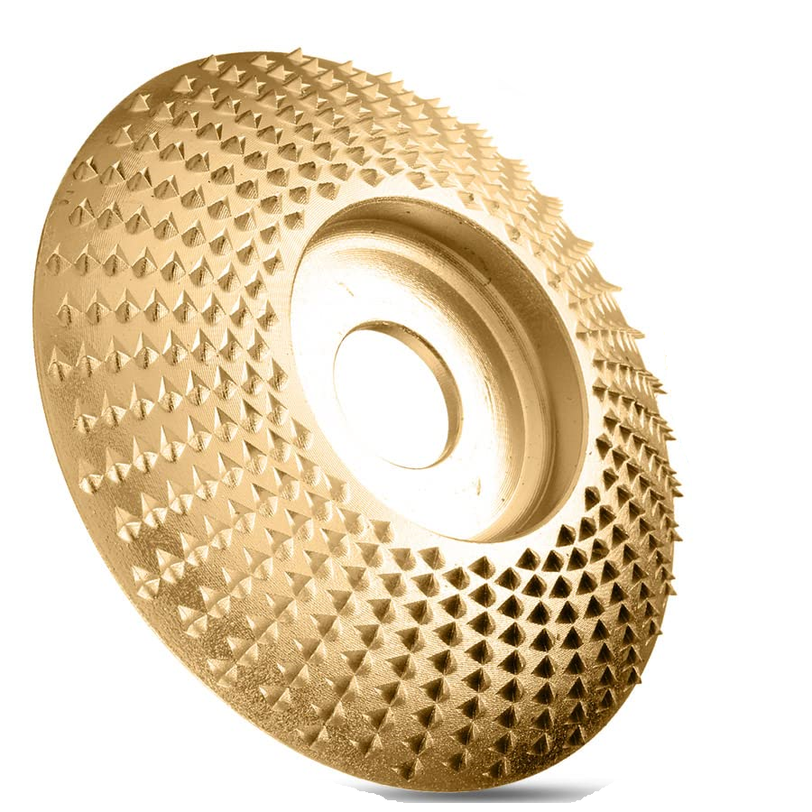 Close-up of a beveled gold-colored shaping disc with raised teeth