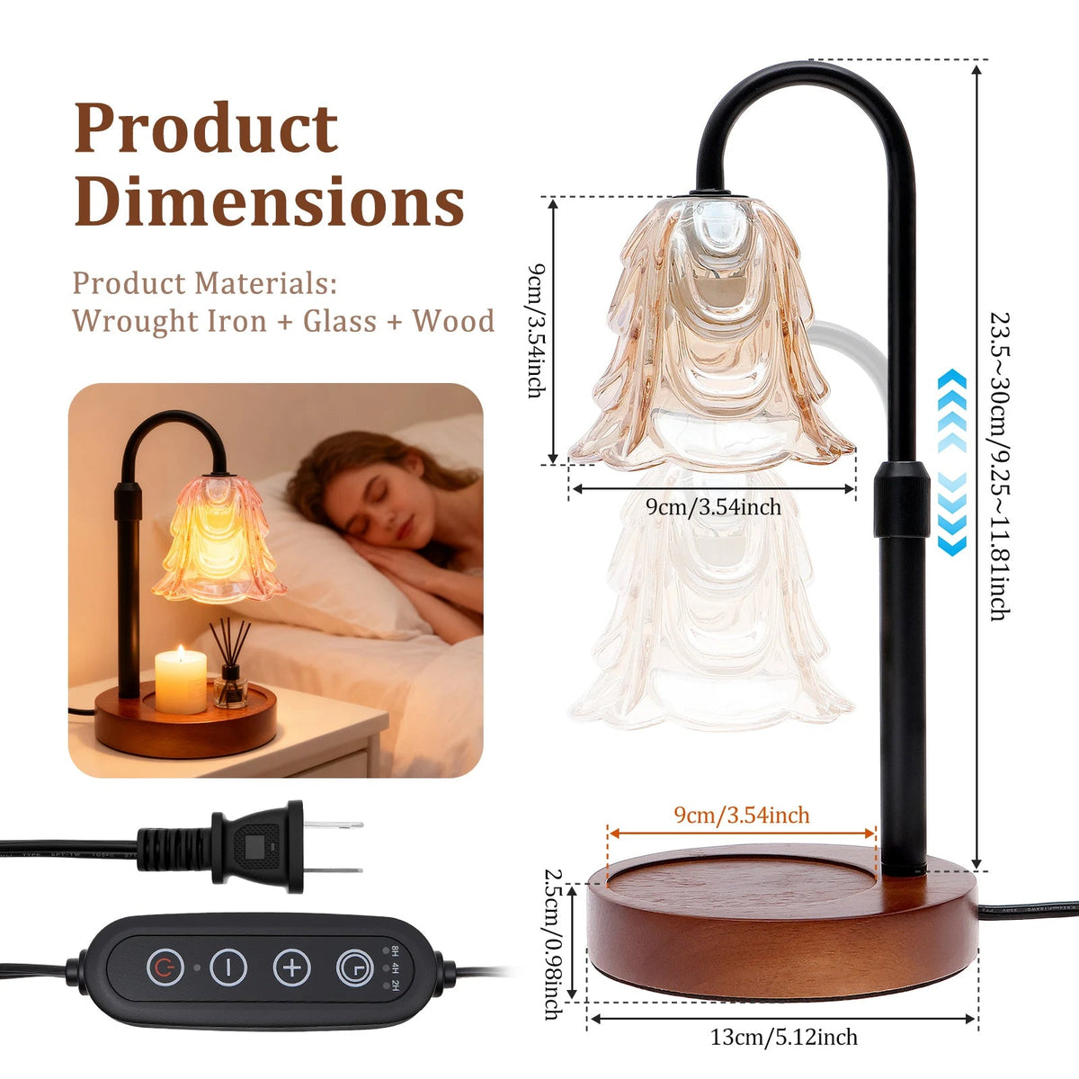 Dimension diagram for the flower glass candle warmer and wooden base
