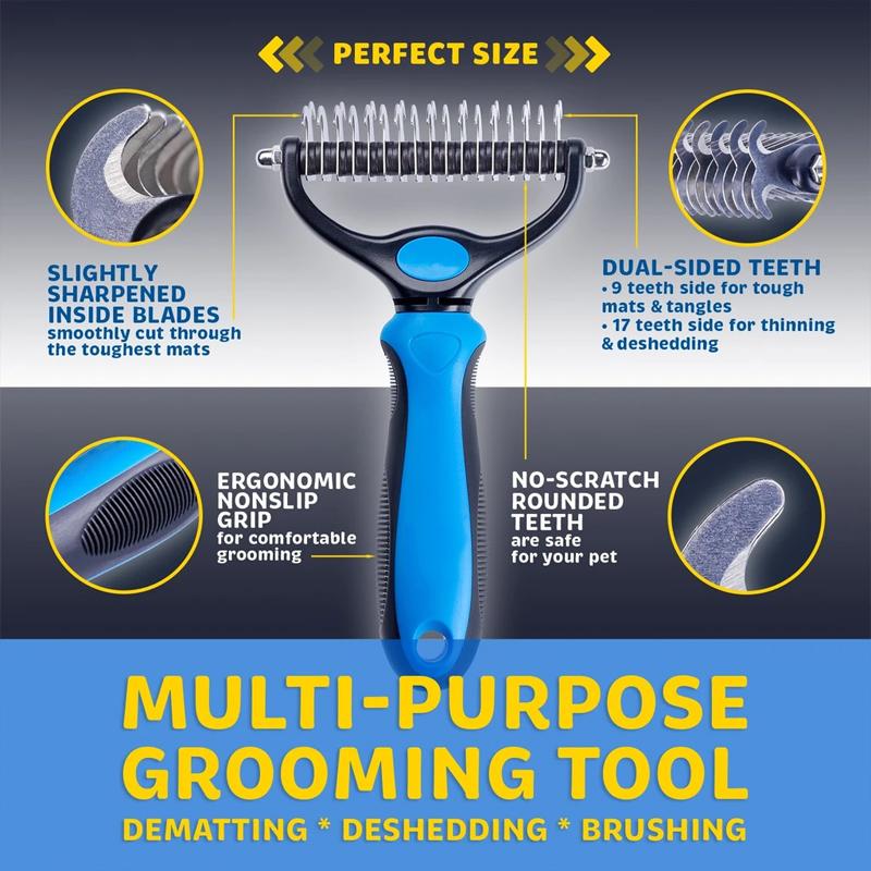 Blue pet grooming rake with callouts showing the teeth and textured handle