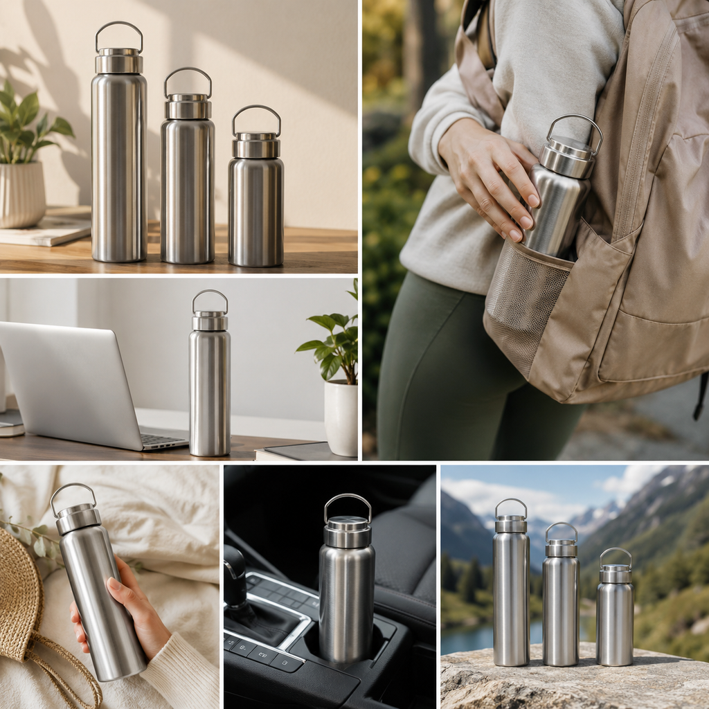 Stainless steel water bottles shown in three sizes and everyday travel settings