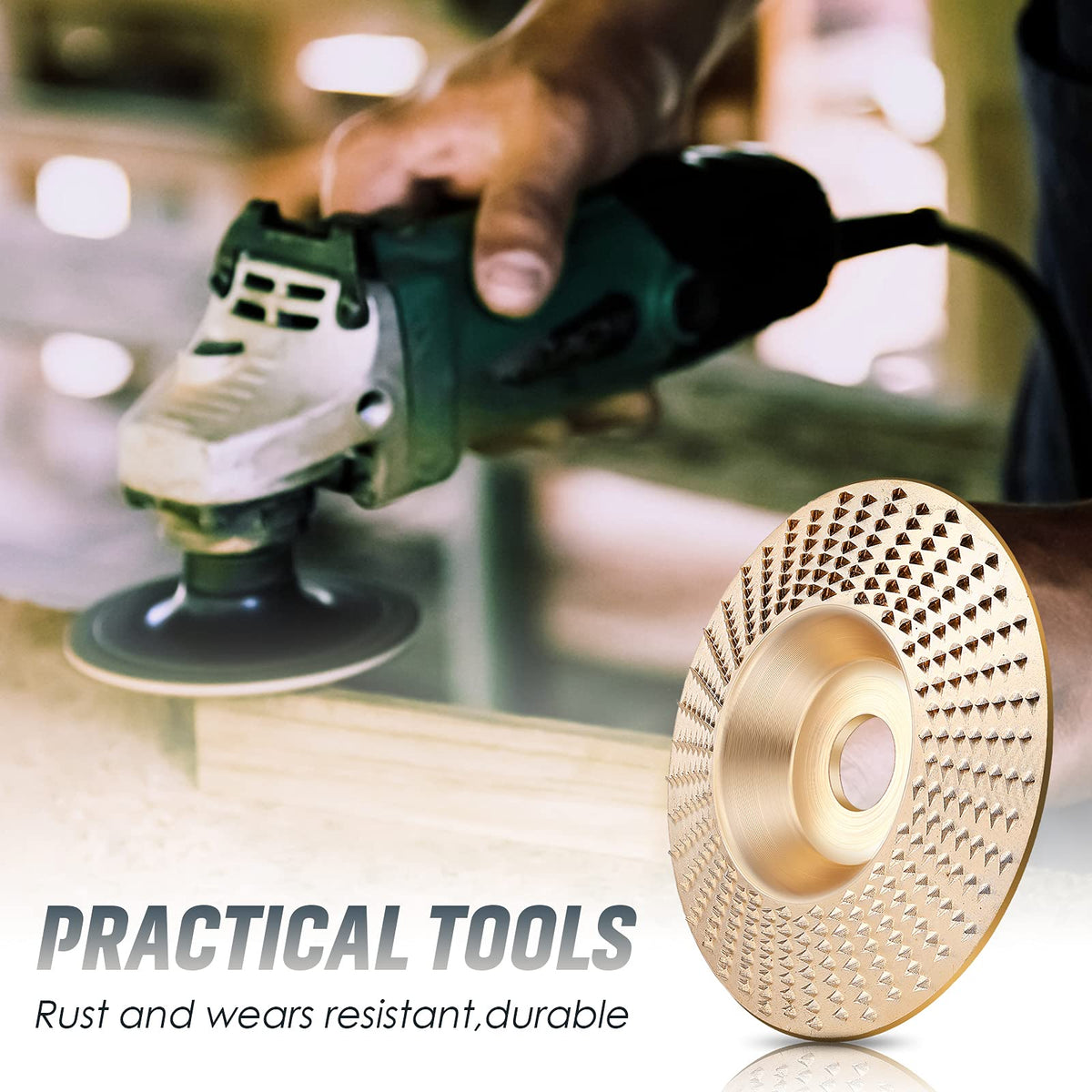 Flat wood-shaping disc beside an angle grinder used on wood