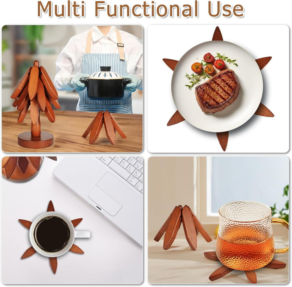 Folding trivets pictured beneath cookware, a plate, a mug, and a teapot