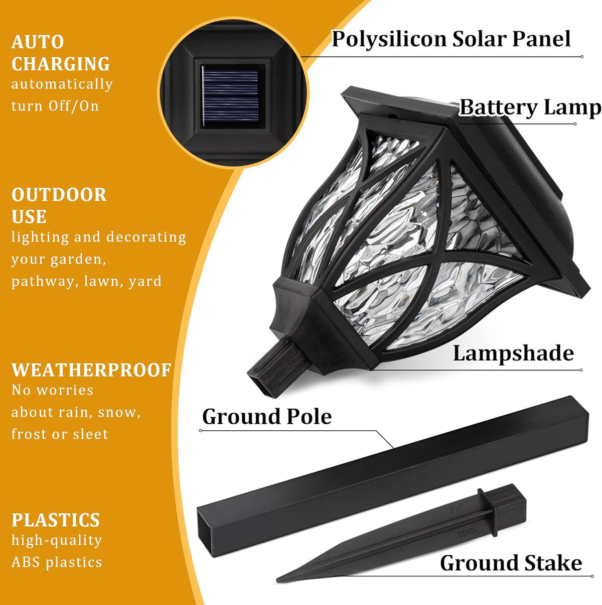 Exploded view of a solar pathway light with its pole and ground stake
