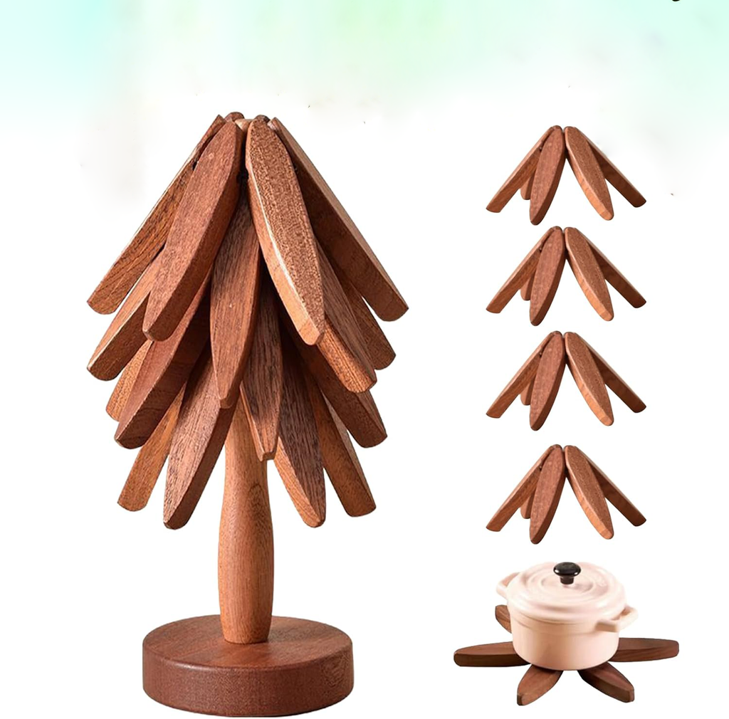 Tree-shaped trivet display with folded pieces and an open trivet