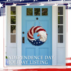 Patriotic eagle wreath displayed on a blue front door