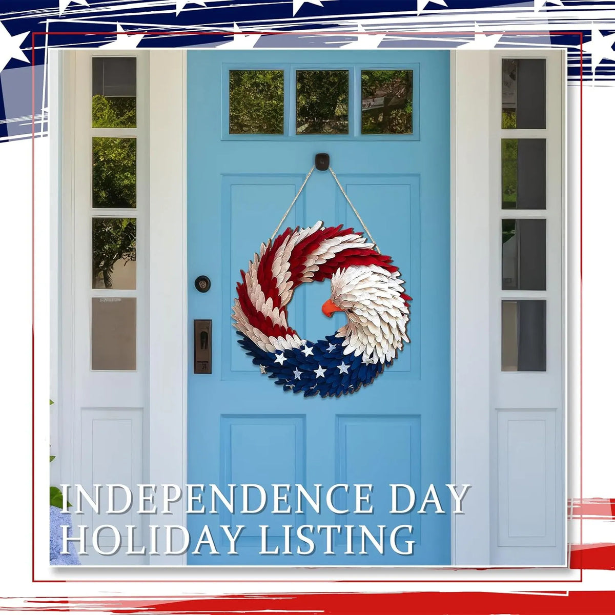 Patriotic eagle wreath displayed on a blue front door
