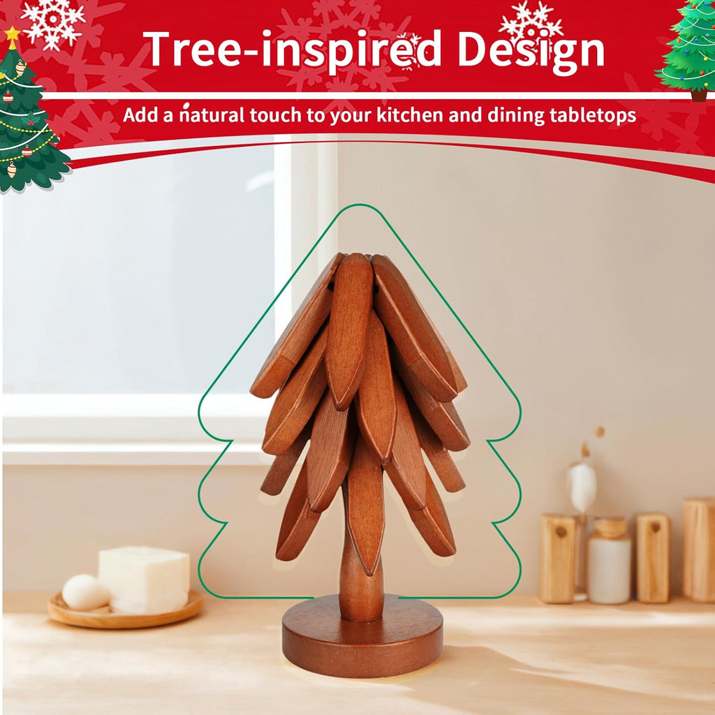 Tree-shaped folding trivet display on a kitchen counter