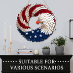 Wooden eagle wreath displayed above a console table