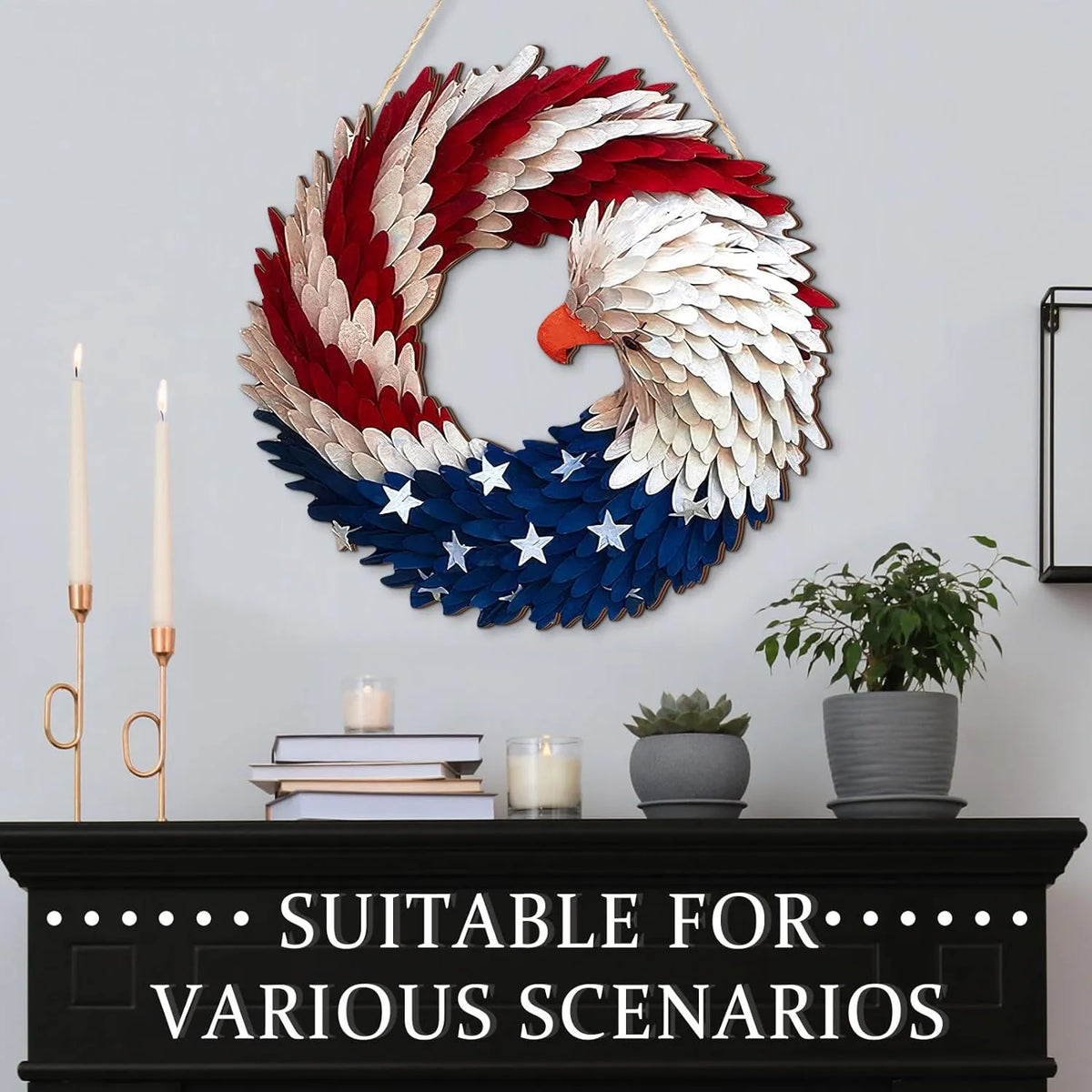 Wooden eagle wreath displayed above a console table