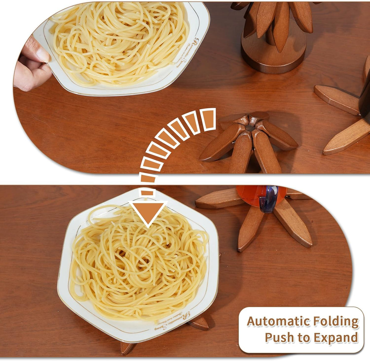 Serving plate beside a trivet shown in folded and open positions