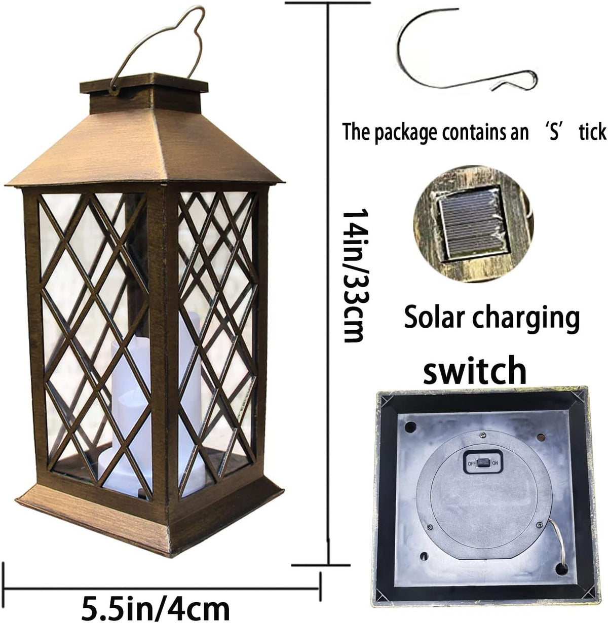 Lantern diagram with dimension labels, an S-hook, and switch views