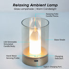 Flameless Candle Lamp, Rechargeable Cordless LED Night Light with Hand-Wave Sensor, Hover Dimming, Flickering Flame & Glass Shade