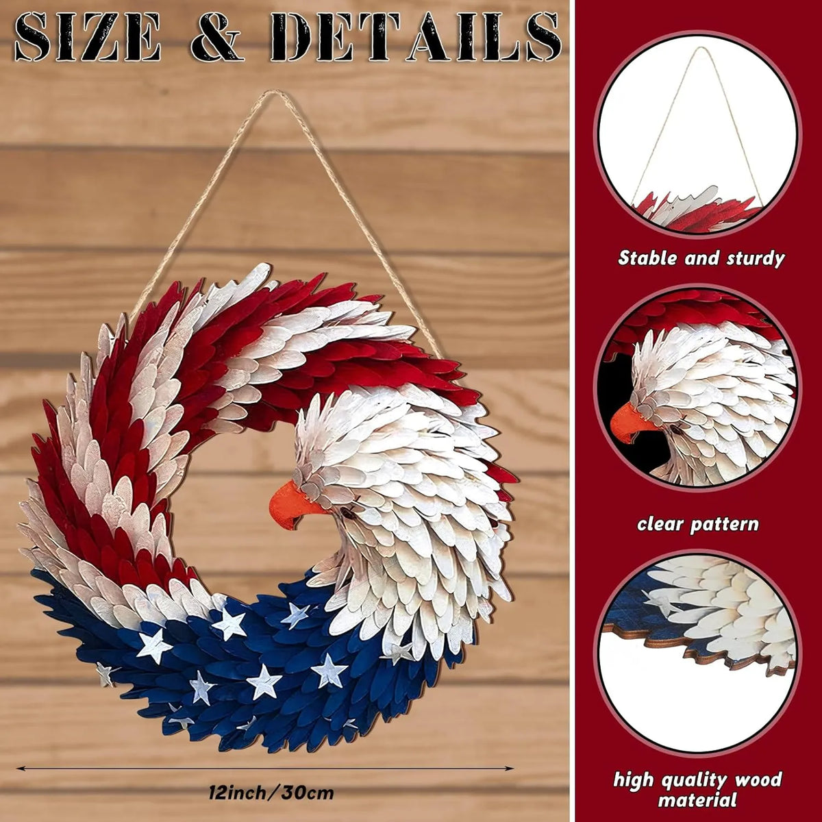 Eagle wreath size diagram showing its hanging attachment and detail