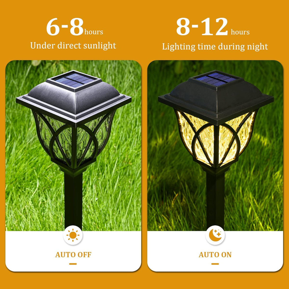 Solar pathway lights pictured in daytime and nighttime panels