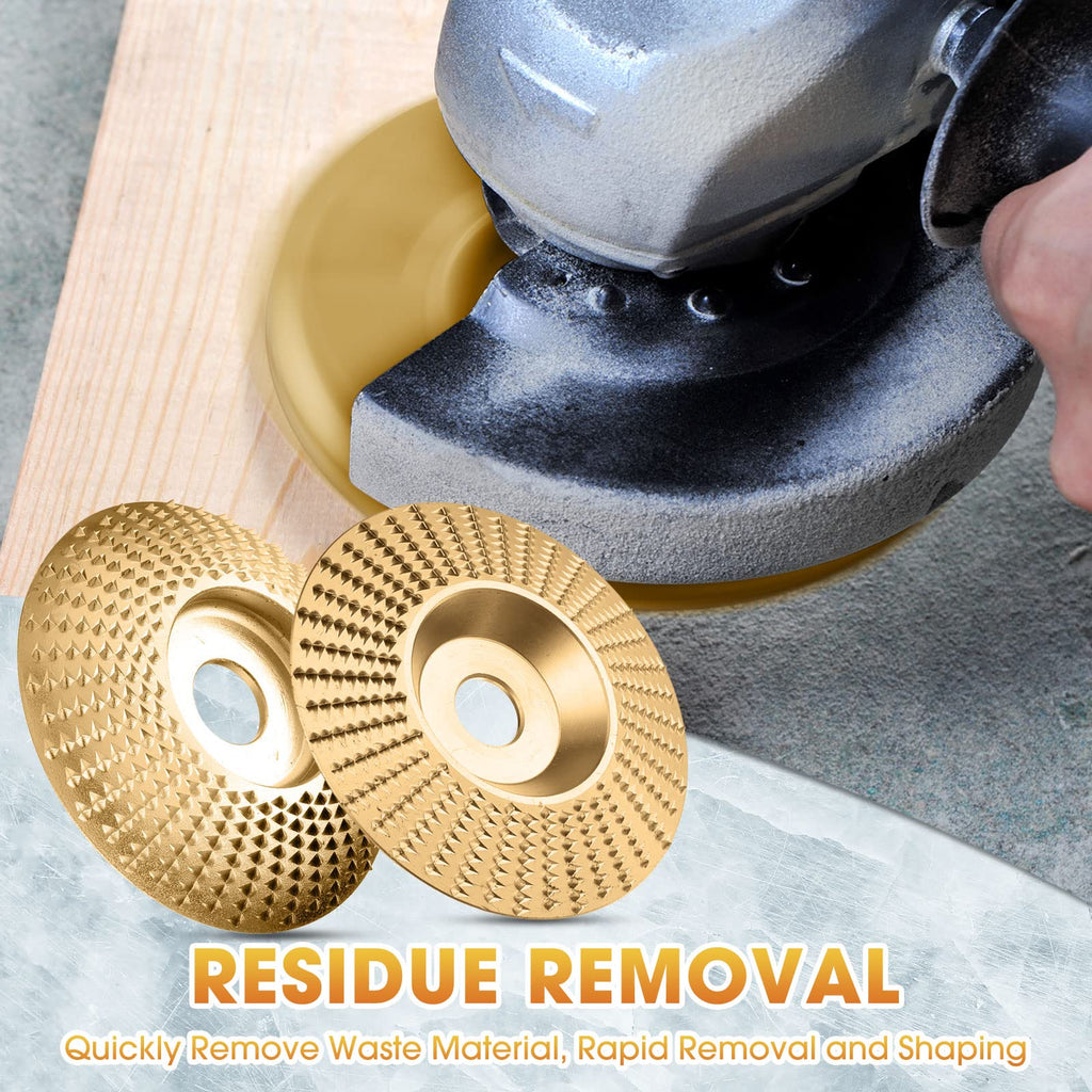 Wood-shaping discs beside an angle grinder working on a board