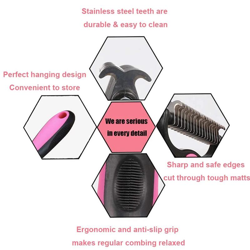 Detail graphic of a pink grooming rake showing the handle and steel teeth